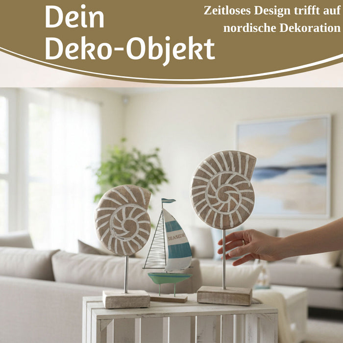KI-generiertes Bild,Deko Objekt Set 2x Muscheln Sylt Mango Holz Sockel Säule Maritim Grau Weiß