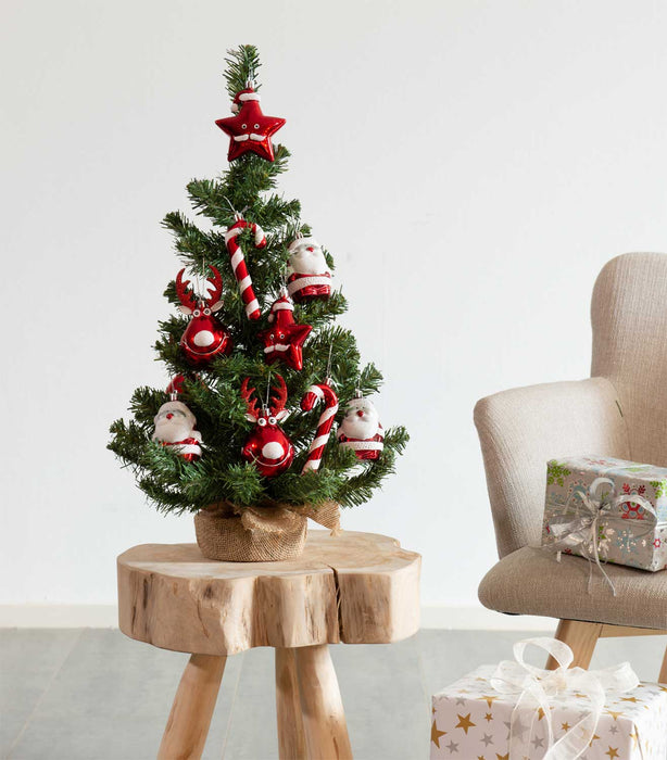 KI-generiertes Bild,Deko Weihnachtsbaum 60cm Grün Rot geschmückt Sockel Tannenbaum Tisch Dekoration