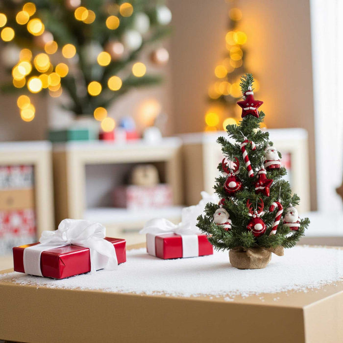 KI-generiertes Bild,Deko Weihnachtsbaum 60cm Grün Rot geschmückt Sockel Tannenbaum Tisch Dekoration