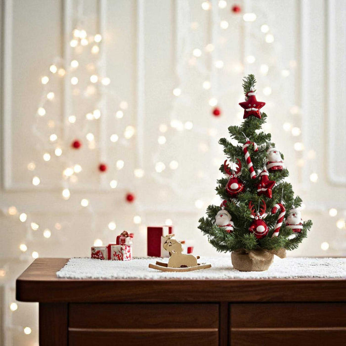 KI-generiertes Bild,Deko Weihnachtsbaum 60cm Grün Rot geschmückt Sockel Tannenbaum Tisch Dekoration
