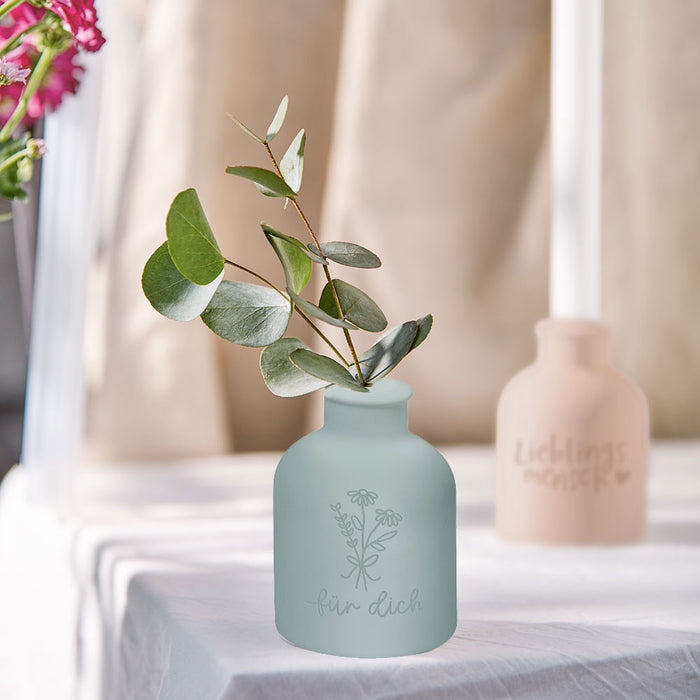 KI-generiertes Bild,Design Tischvase Blumenvase Mint "Für Dich" Deko Väschen Kerzenständer