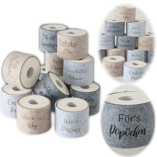 KI-generiertes Bild Toilettenpapier Banderole fürs Popöchen Filz Klohut Husse Klopapier Klorollen