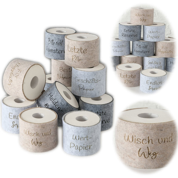 KI-generiertes Bild Toilettenpapier Banderole Wisch und Weg Filz Klohut Husse Klopapier Klorollen