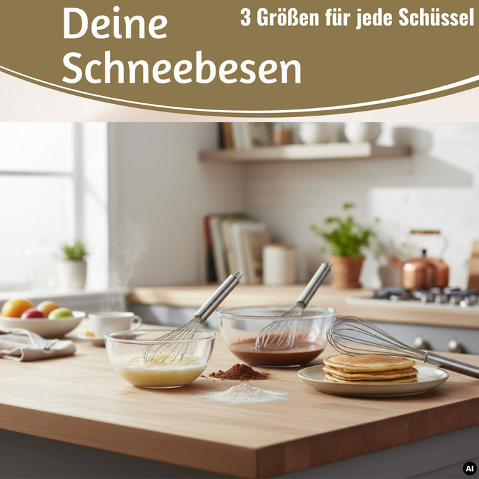 KI-generiertes Bild,Edelstahl Schneebesen 3´er Set 21cm 26cm 31cm Rührbesen mit Aufhängeösen
