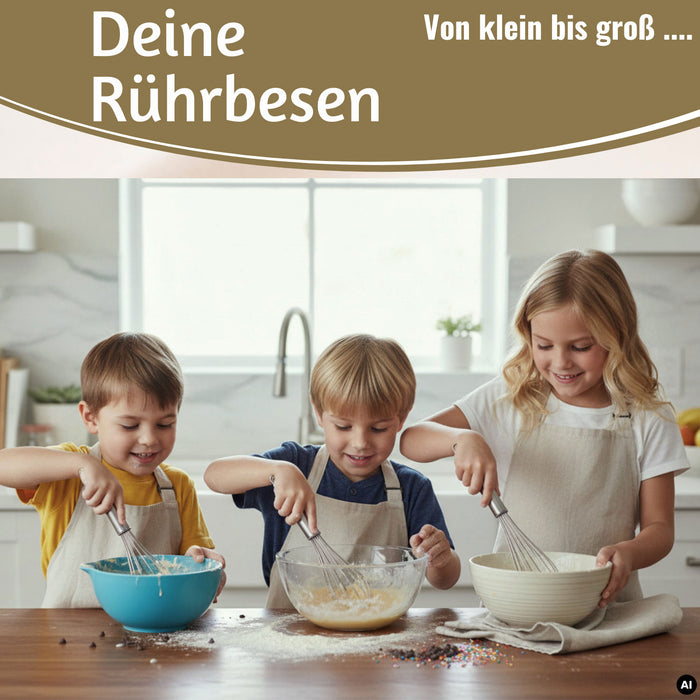 KI-generiertes Bild,Edelstahl Schneebesen 3´er Set 21cm 26cm 31cm Rührbesen mit Aufhängeösen