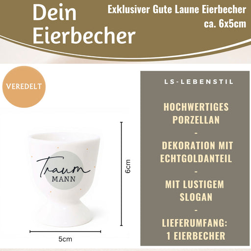 KI-generiertes Bild,Eierbecher Echt-Gold Spruch "Traummann" Gute Laune Eierhalter