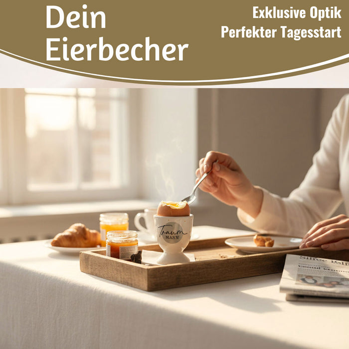KI-generiertes Bild,Eierbecher Echt-Gold Spruch "Traummann" Gute Laune Eierhalter