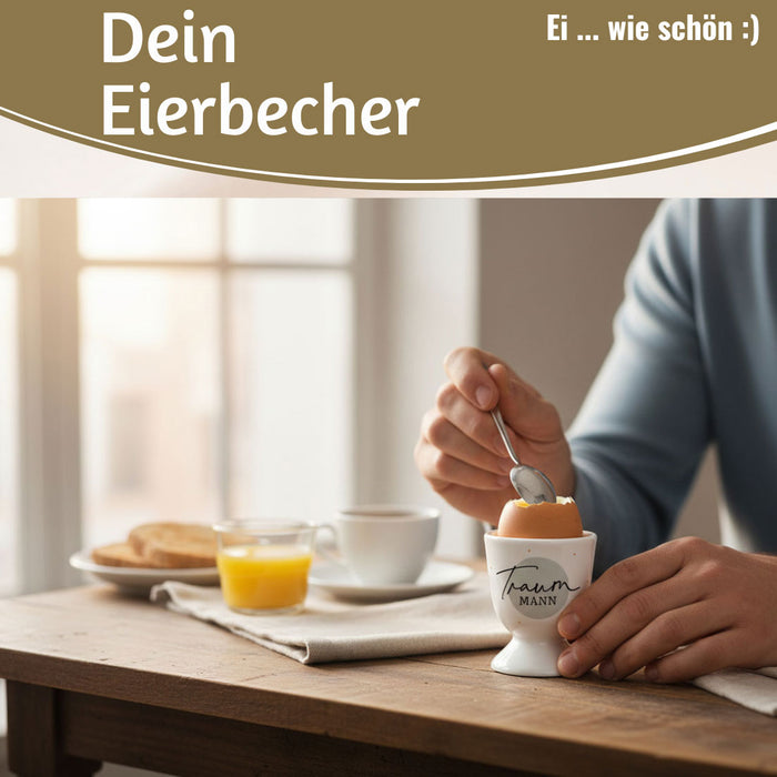 KI-generiertes Bild,Eierbecher Echt-Gold Spruch "Traummann" Gute Laune Eierhalter