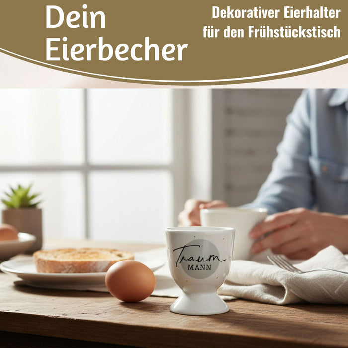 KI-generiertes Bild,Eierbecher Echt-Gold Spruch "Traummann" Gute Laune Eierhalter