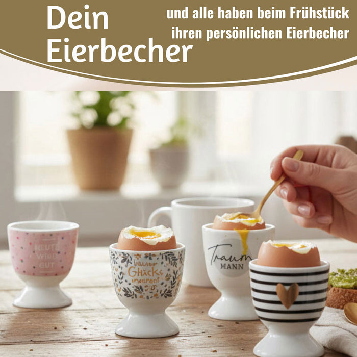 KI-generiertes Bild,Eierbecher Echt-Gold Spruch "Traummann" Gute Laune Eierhalter