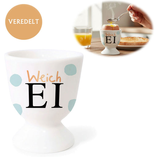 KI-generiertes Bild Eierbecher Echt-Gold Spruch "Weich Ei" Gute Laune Eierhalter