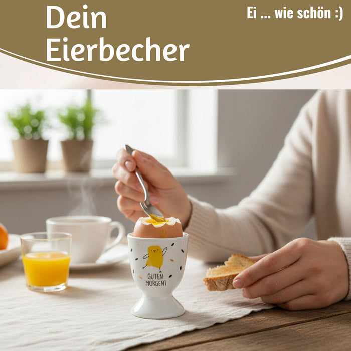 KI-generiertes Bild,Eierbecher Echt-Gold Spruch "Guten Morgen" Küken Gute Laune Eierhalter