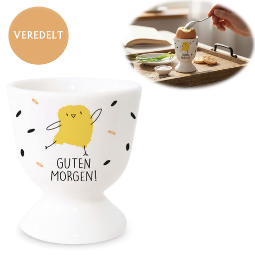 KI-generiertes Bild Eierbecher Echt-Gold Spruch "Guten Morgen" Küken Gute Laune Eierhalter
