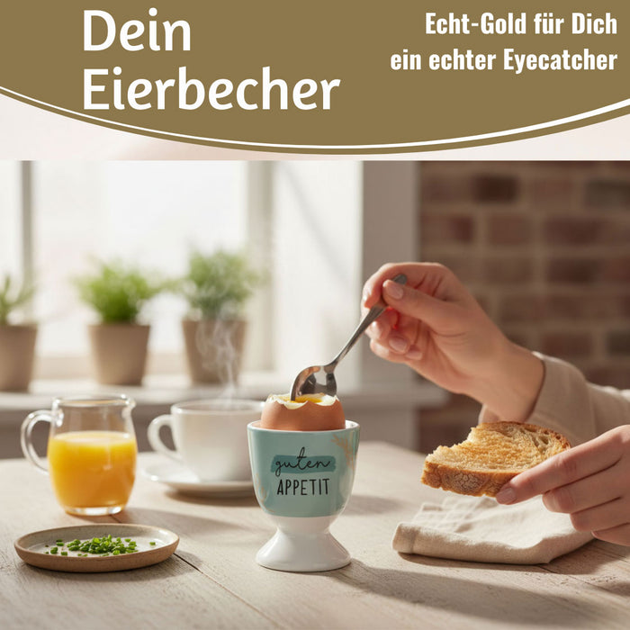 KI-generiertes Bild,Eierbecher Echt-Gold Spruch "Guten Appetit" Gute Laune Eierhalter