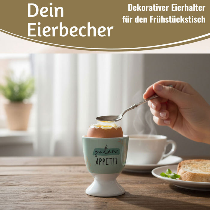 KI-generiertes Bild,Eierbecher Echt-Gold Spruch "Guten Appetit" Gute Laune Eierhalter