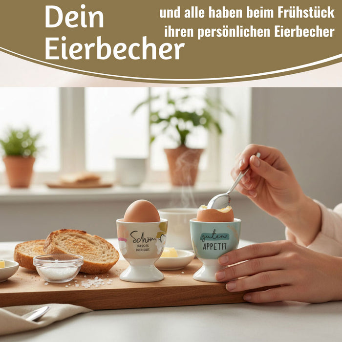 KI-generiertes Bild,Eierbecher Echt-Gold Spruch "Guten Appetit" Gute Laune Eierhalter
