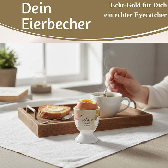 KI-generiertes Bild,Eierbecher Echt-Gold Spruch "schön das es Dich gibt" Gute Laune Eierhalter