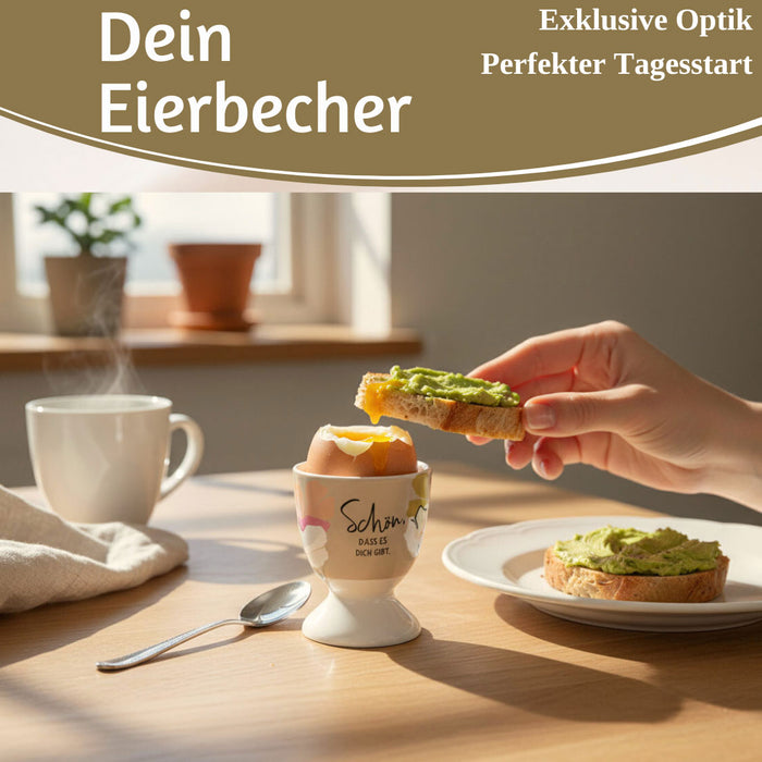 KI-generiertes Bild,Eierbecher Echt-Gold Spruch "schön das es Dich gibt" Gute Laune Eierhalter