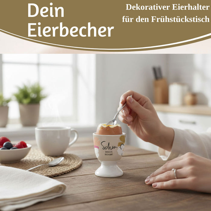 KI-generiertes Bild,Eierbecher Echt-Gold Spruch "schön das es Dich gibt" Gute Laune Eierhalter