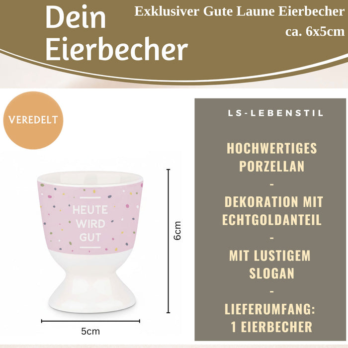 KI-generiertes Bild,Eierbecher Echt-Gold Spruch "HEUTE WIRD GUT" Gute Laune Eierhalter