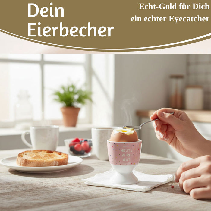 KI-generiertes Bild,Eierbecher Echt-Gold Spruch "HEUTE WIRD GUT" Gute Laune Eierhalter