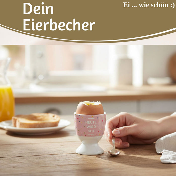 KI-generiertes Bild,Eierbecher Echt-Gold Spruch "HEUTE WIRD GUT" Gute Laune Eierhalter