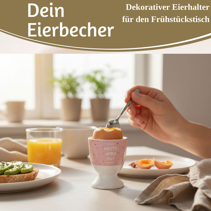 KI-generiertes Bild,Eierbecher Echt-Gold Spruch "HEUTE WIRD GUT" Gute Laune Eierhalter