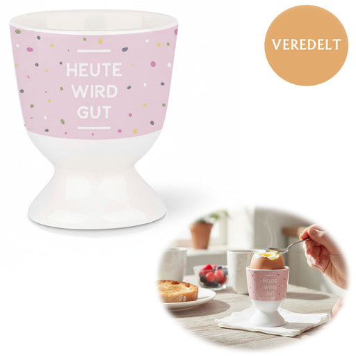KI-generiertes Bild Eierbecher Echt-Gold Spruch "HEUTE WIRD GUT" Gute Laune Eierhalter