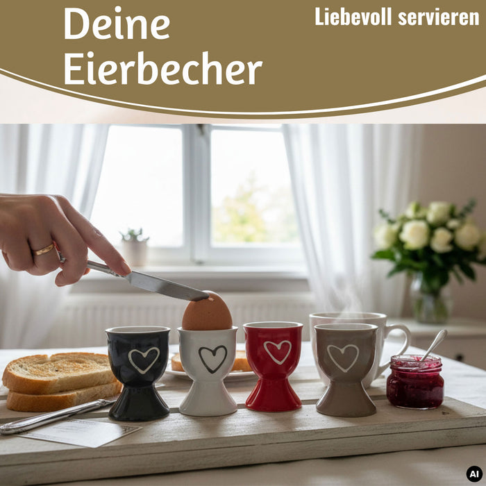 KI-generiertes Bild,4x Keramik Eierbecher Set Herz Grau Weiß Rot Braun Gute Laune Eierhalter