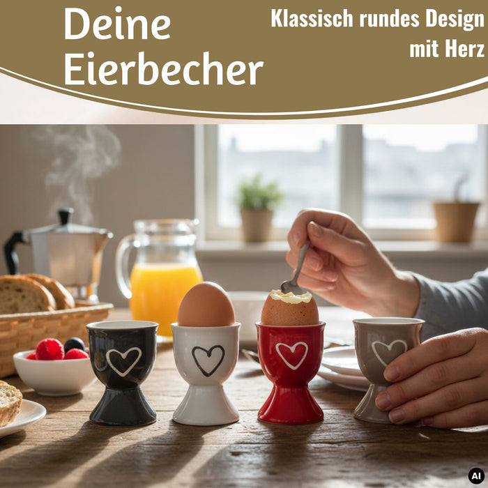 KI-generiertes Bild,4x Keramik Eierbecher Set Herz Grau Weiß Rot Braun Gute Laune Eierhalter