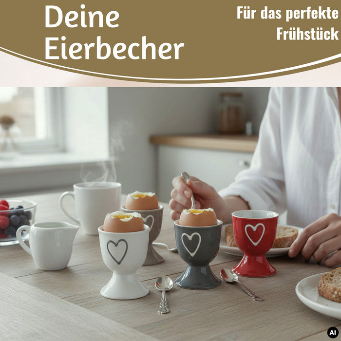 KI-generiertes Bild,4x Keramik Eierbecher Set Herz Grau Weiß Rot Braun Gute Laune Eierhalter