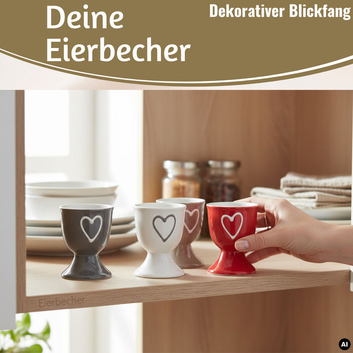 KI-generiertes Bild,4x Keramik Eierbecher Set Herz Grau Weiß Rot Braun Gute Laune Eierhalter