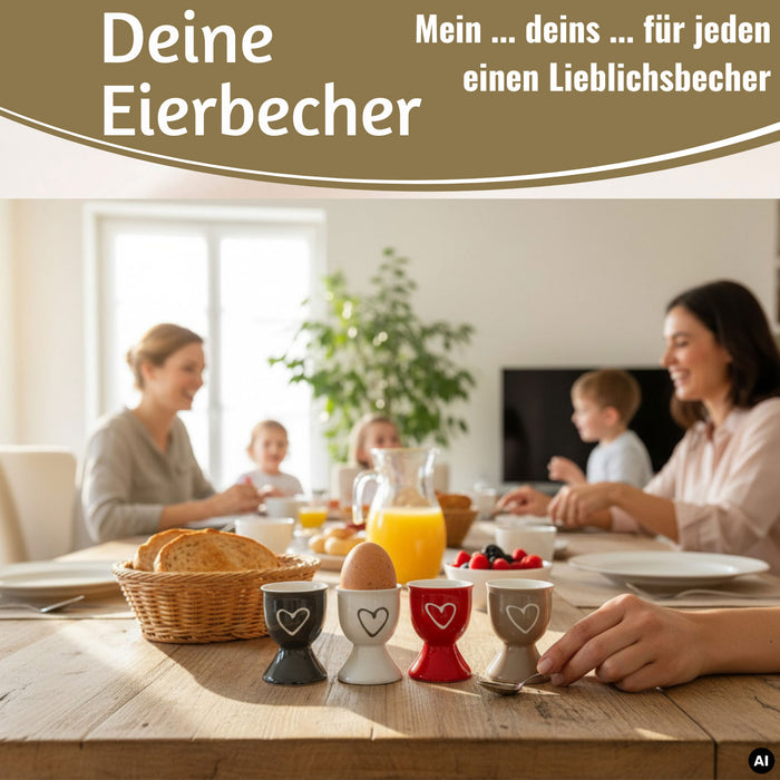 KI-generiertes Bild,4x Keramik Eierbecher Set Herz Grau Weiß Rot Braun Gute Laune Eierhalter