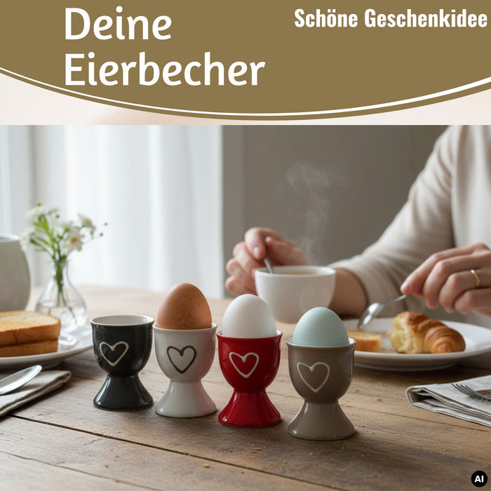 KI-generiertes Bild,4x Keramik Eierbecher Set Herz Grau Weiß Rot Braun Gute Laune Eierhalter