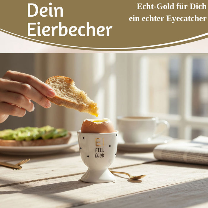 KI-generiertes Bild,Eierbecher Echt-Gold Spruch "EI FEEL GOOD" Gute Laune Eierhalter