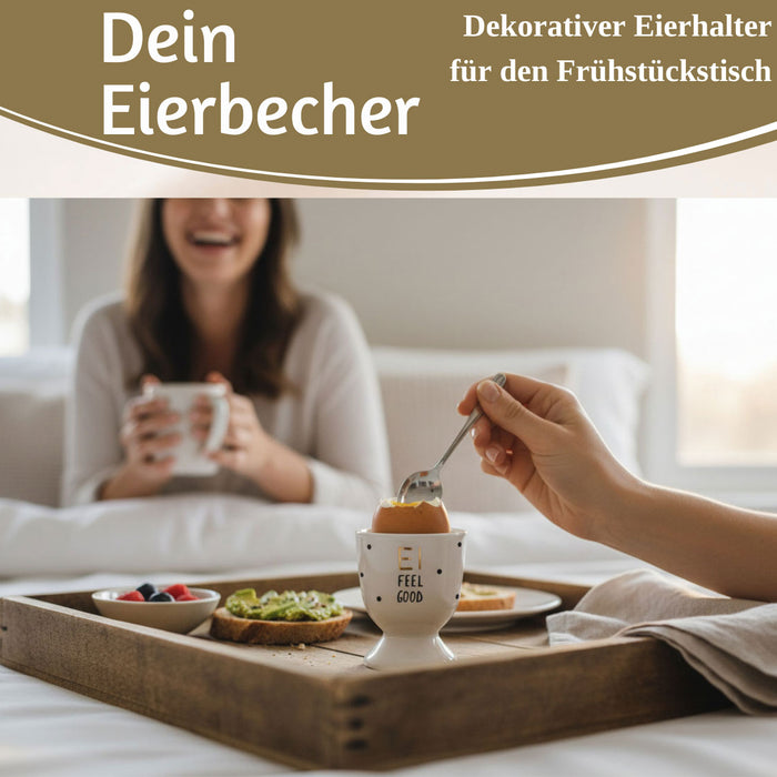KI-generiertes Bild,Eierbecher Echt-Gold Spruch "EI FEEL GOOD" Gute Laune Eierhalter