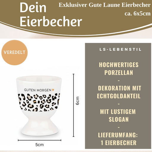 KI-generiertes Bild,Eierbecher Echt-Gold Spruch "GUTEN MORGEN" Leo Muster Gute Laune Eierhalter