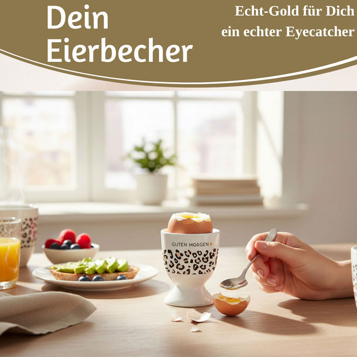 KI-generiertes Bild,Eierbecher Echt-Gold Spruch "GUTEN MORGEN" Leo Muster Gute Laune Eierhalter