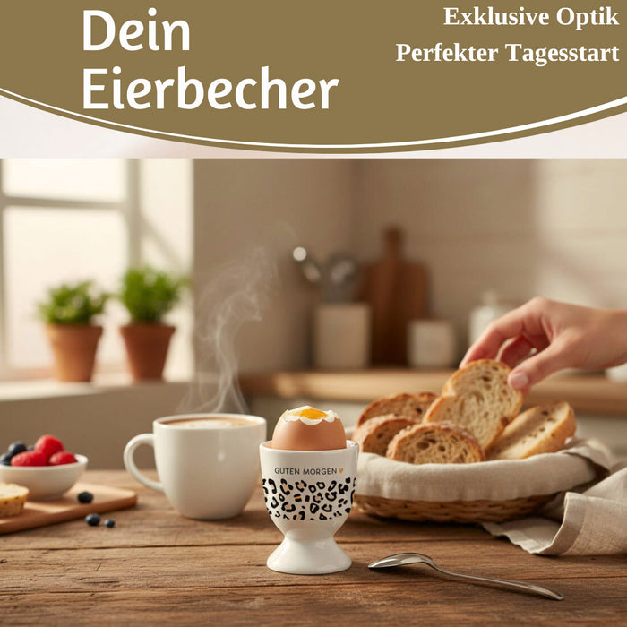 KI-generiertes Bild,Eierbecher Echt-Gold Spruch "GUTEN MORGEN" Leo Muster Gute Laune Eierhalter