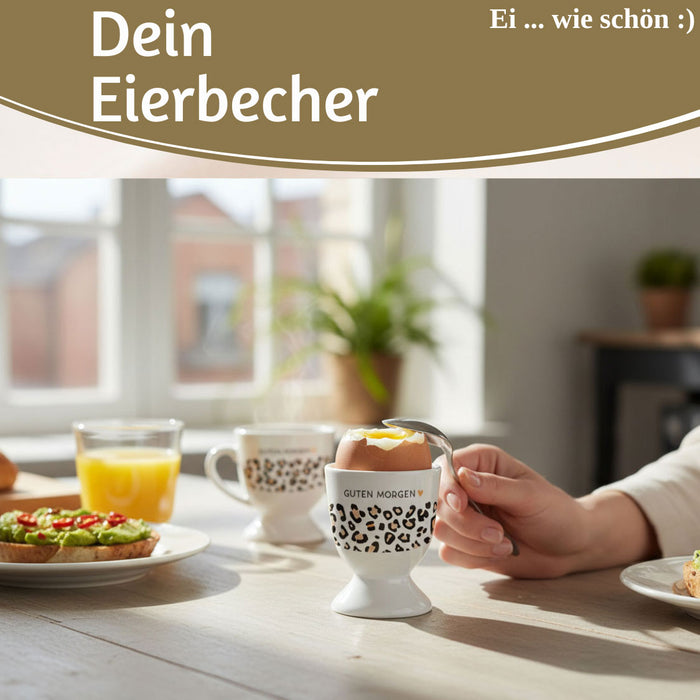 KI-generiertes Bild,Eierbecher Echt-Gold Spruch "GUTEN MORGEN" Leo Muster Gute Laune Eierhalter