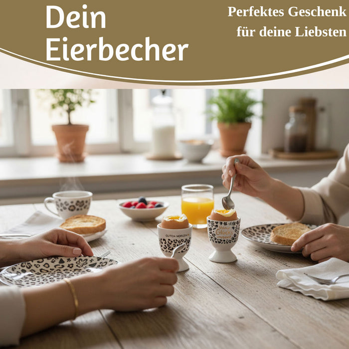 KI-generiertes Bild,Eierbecher Echt-Gold Spruch "GUTEN MORGEN" Leo Muster Gute Laune Eierhalter