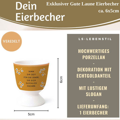 KI-generiertes Bild,Eierbecher Echt-Gold Spruch "Zeit für Dinge glücklich" Gute Laune Eierhalter