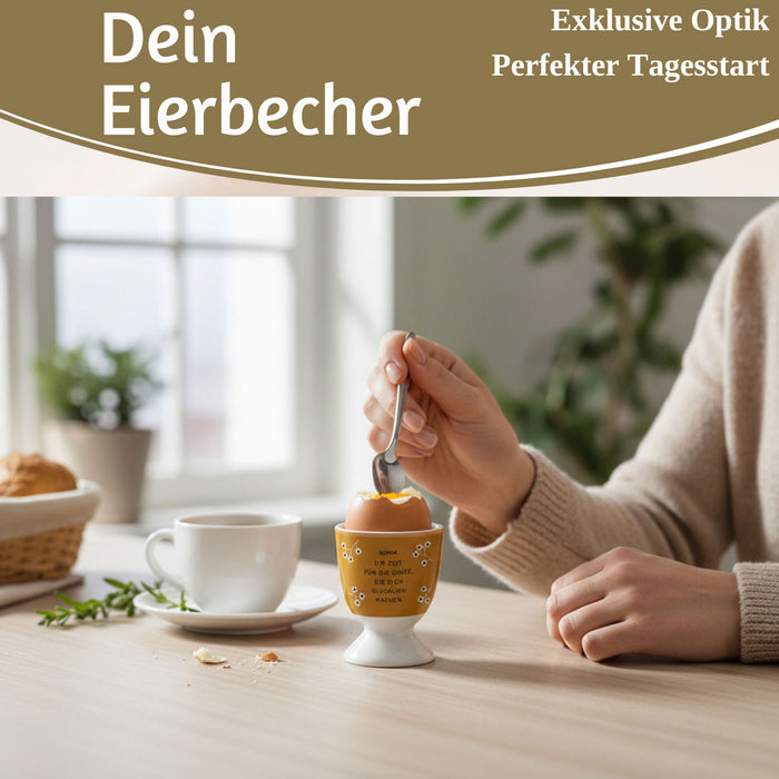 KI-generiertes Bild,Eierbecher Echt-Gold Spruch "Zeit für Dinge glücklich" Gute Laune Eierhalter