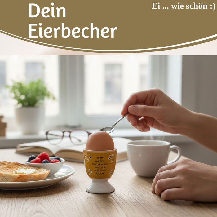 KI-generiertes Bild,Eierbecher Echt-Gold Spruch "Zeit für Dinge glücklich" Gute Laune Eierhalter