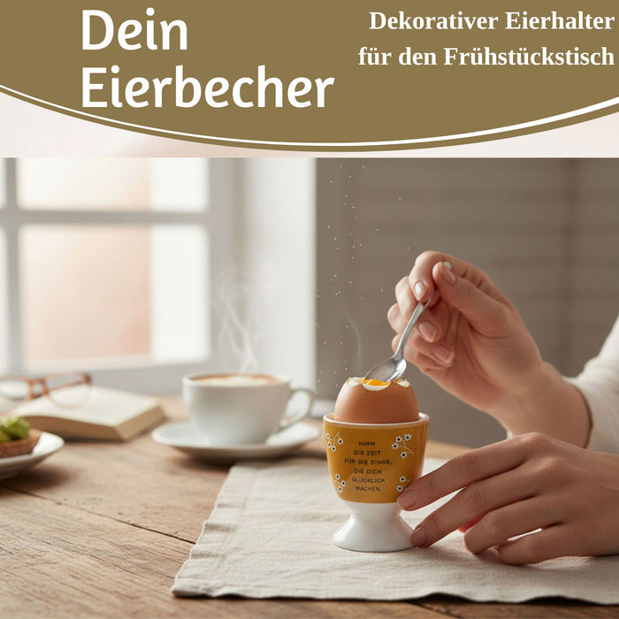 KI-generiertes Bild,Eierbecher Echt-Gold Spruch "Zeit für Dinge glücklich" Gute Laune Eierhalter