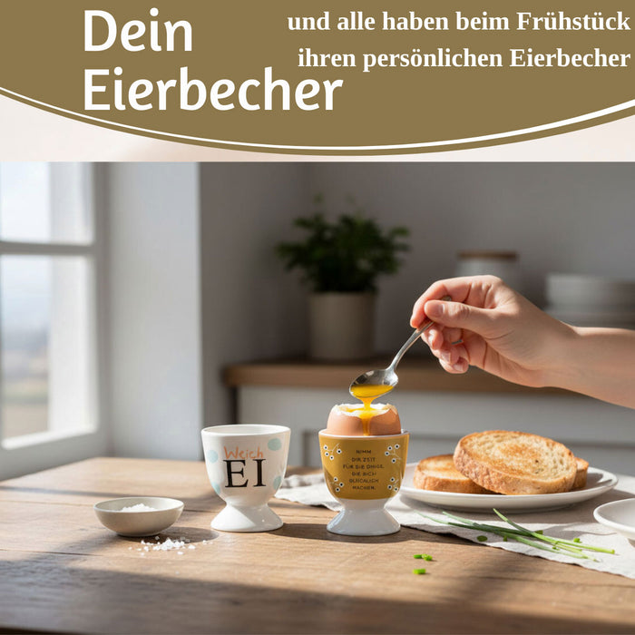 KI-generiertes Bild,Eierbecher Echt-Gold Spruch "Zeit für Dinge glücklich" Gute Laune Eierhalter