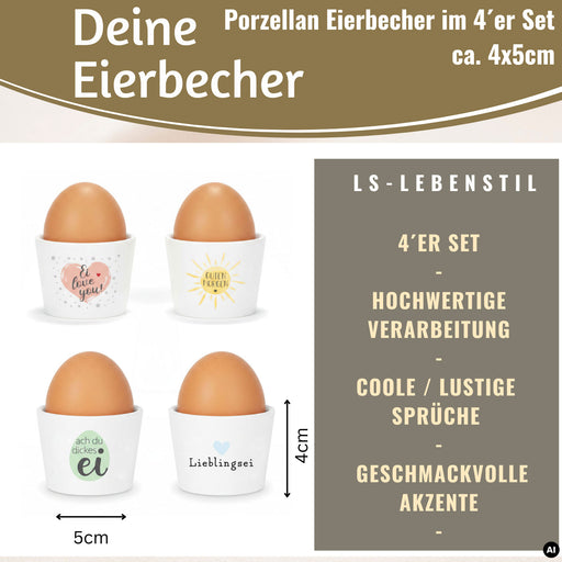 KI-generiertes Bild,4x Porzellan Eierbecher Set lustige witzige Sprüche Gute Laune Eierhalter