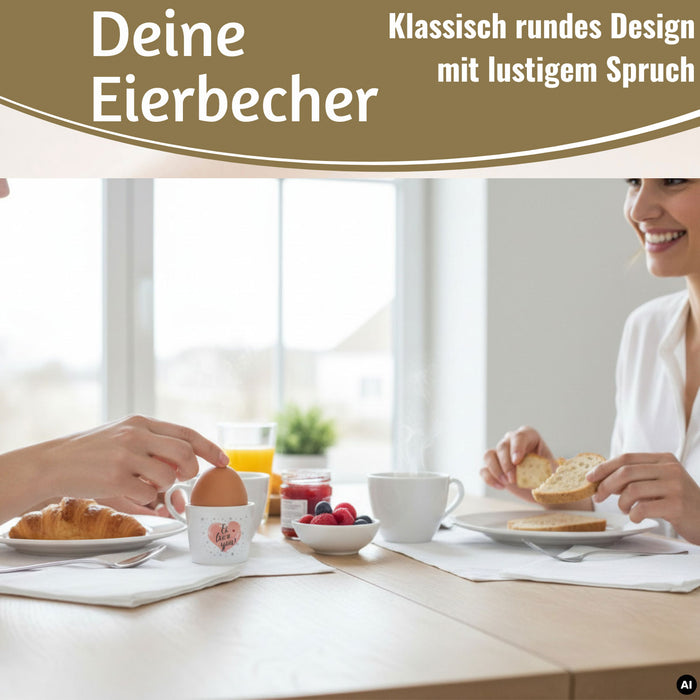 KI-generiertes Bild,4x Porzellan Eierbecher Set lustige witzige Sprüche Gute Laune Eierhalter