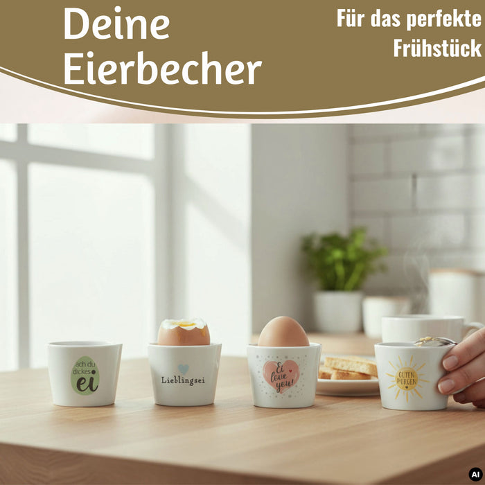 KI-generiertes Bild,4x Porzellan Eierbecher Set lustige witzige Sprüche Gute Laune Eierhalter