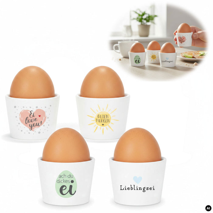 KI-generiertes Bild 4x Porzellan Eierbecher Set lustige witzige Sprüche Gute Laune Eierhalter
